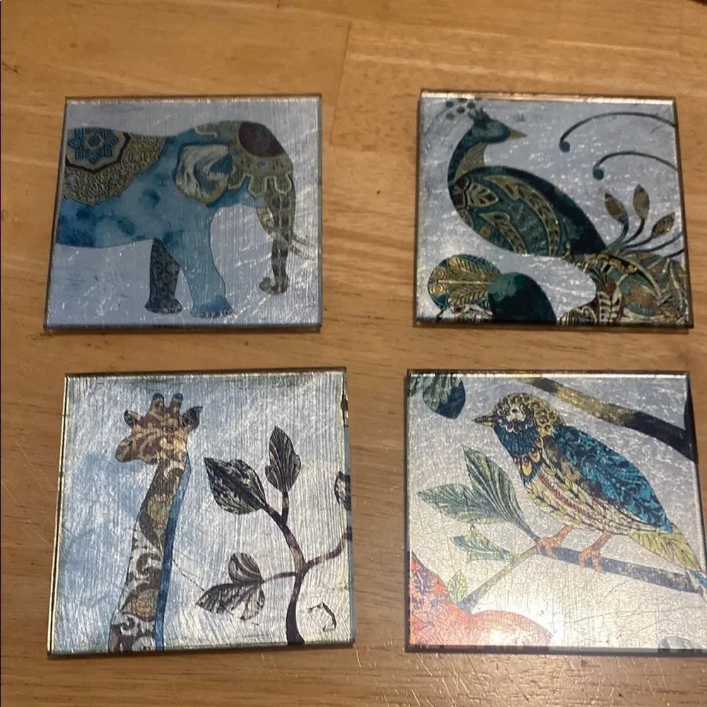 Pier 1 Exotic animals Foil on glass drink coasters. Set of 4